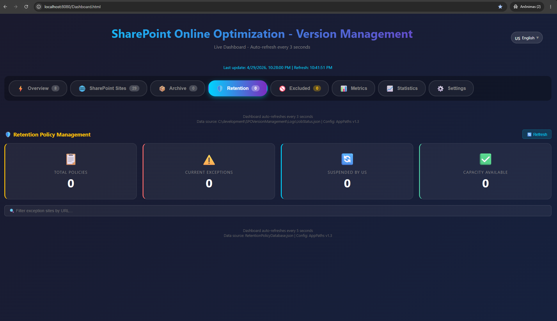 Dashboard - Retention Policies management