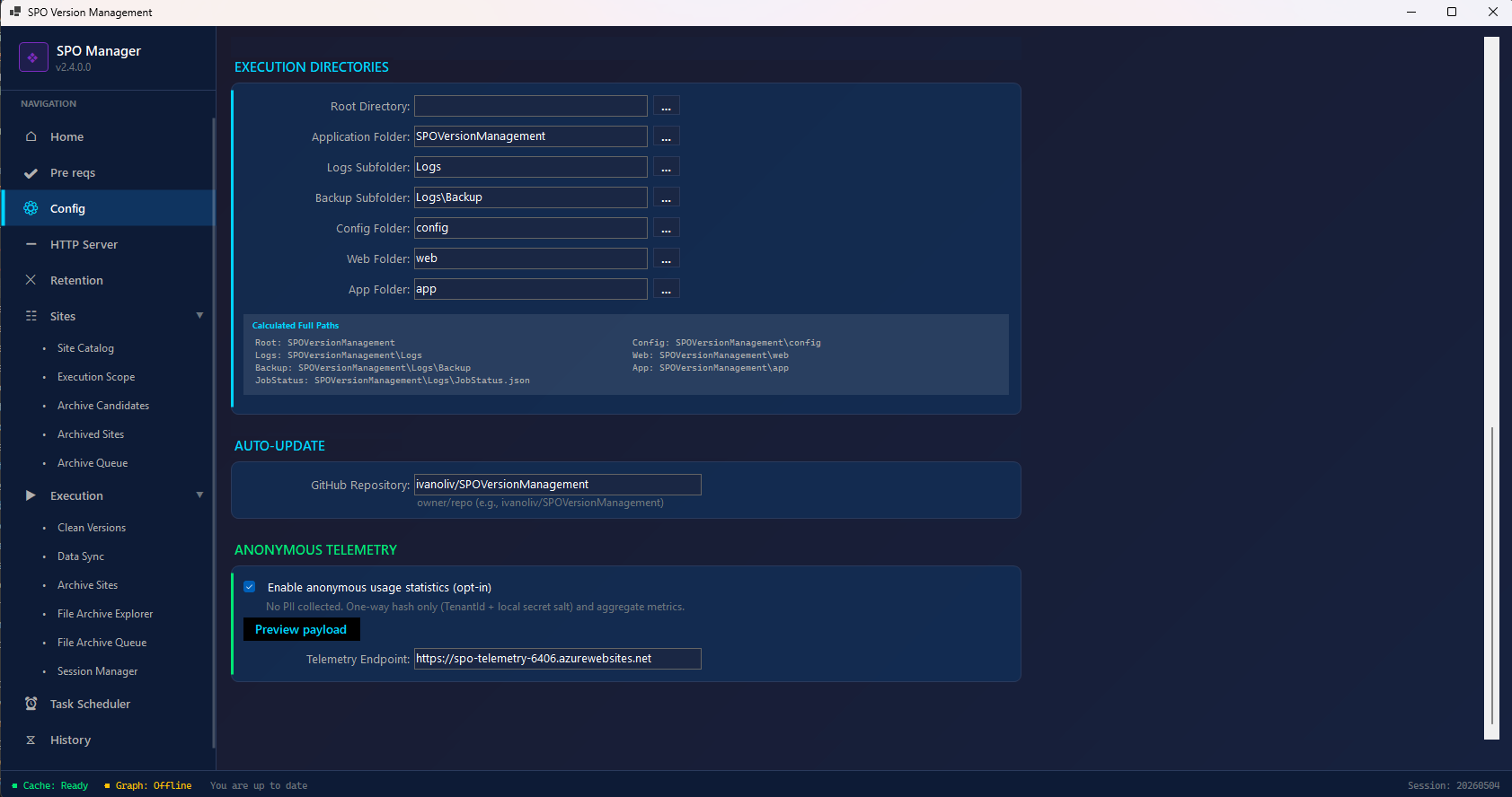 Configuration — Directories & Telemetry