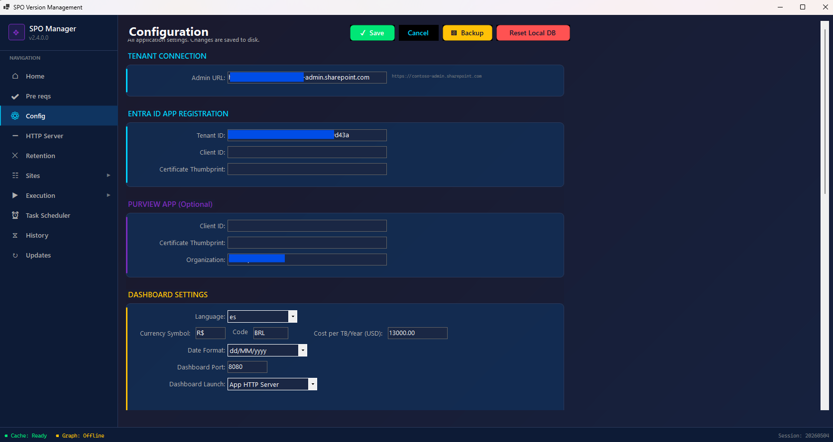 Configuration screen — set your tenant admin URL and Entra ID app credentials