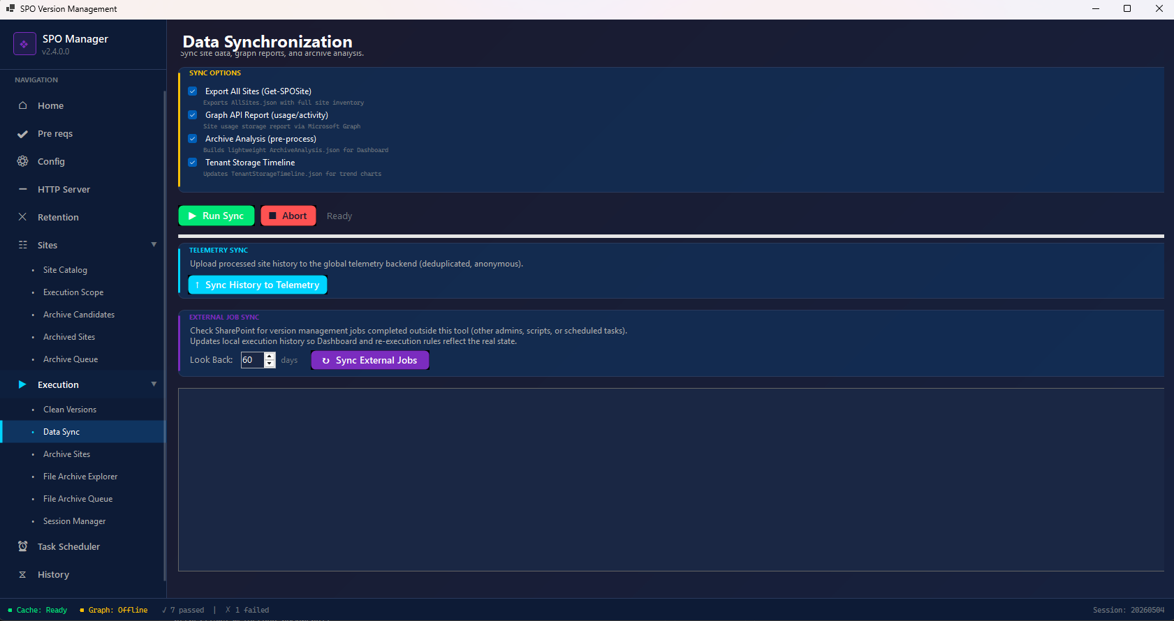 Data Sync screen — sync site data, Graph reports, and archive analysis