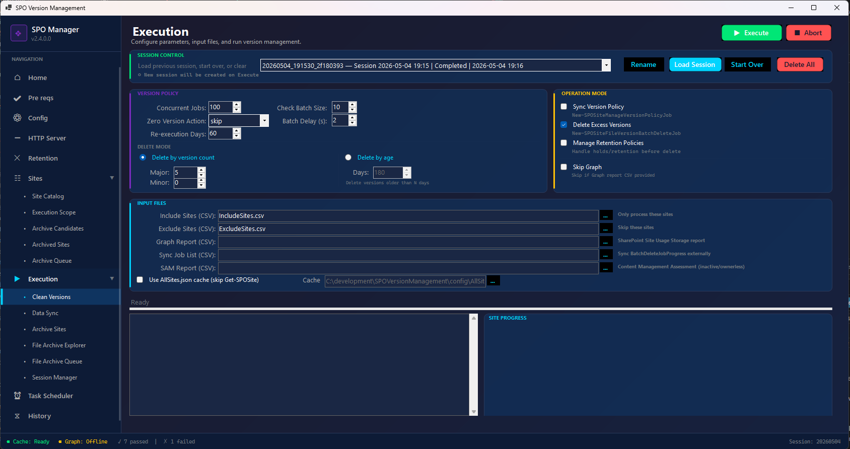 Execution screen — configure version cleanup parameters and operation mode