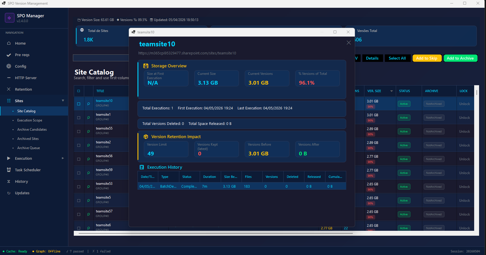 Site Detail — Storage & Execution History